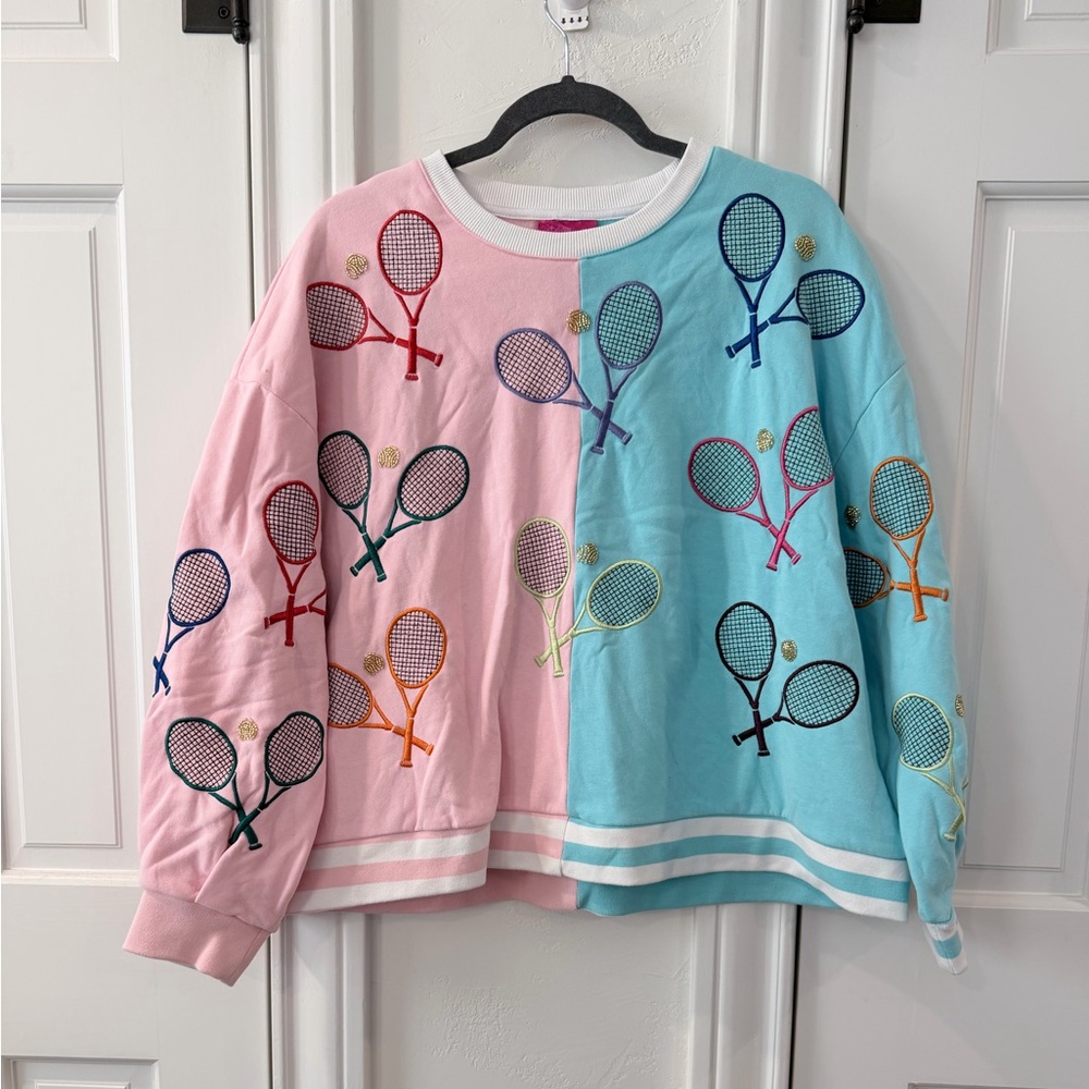 Queen of Sparkles Colorblock Tennis Sweatshirt Pink and Blue w/ Sparkles Medium
